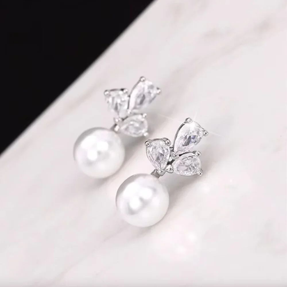 925 Sterling Silver Pearl Diamond Earrings Cute Pearl Studs